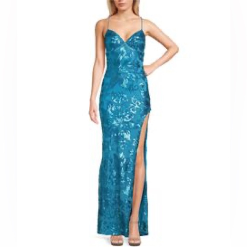 B.Darlin Teal Blue Sequin Spaghetti-Strap Prom Gown Size 9/10